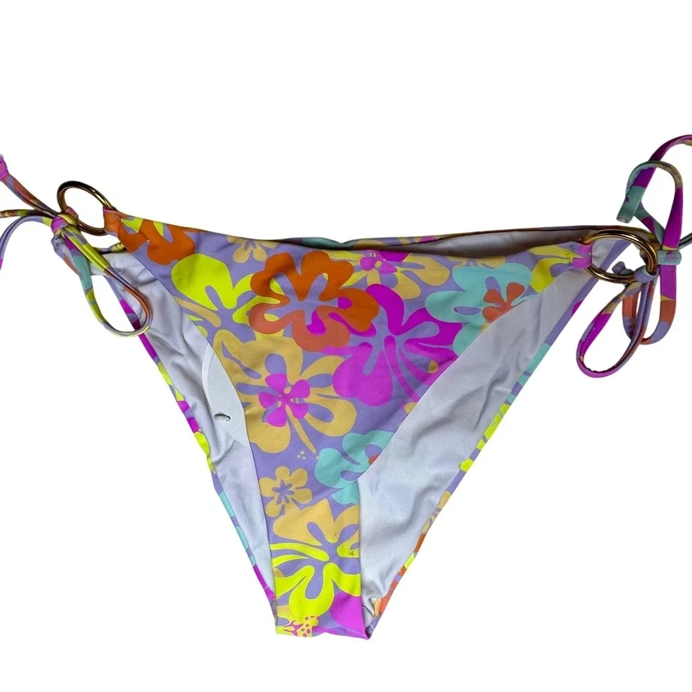 Princess Polly‎ Retro Floral Side Tie Bikini Bottoms Gold O-Ring Purple Multi 12